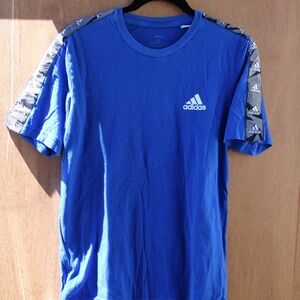 Adidas Men’s T-Shirt Small Blue Black Striped Logo Athletic Tee
